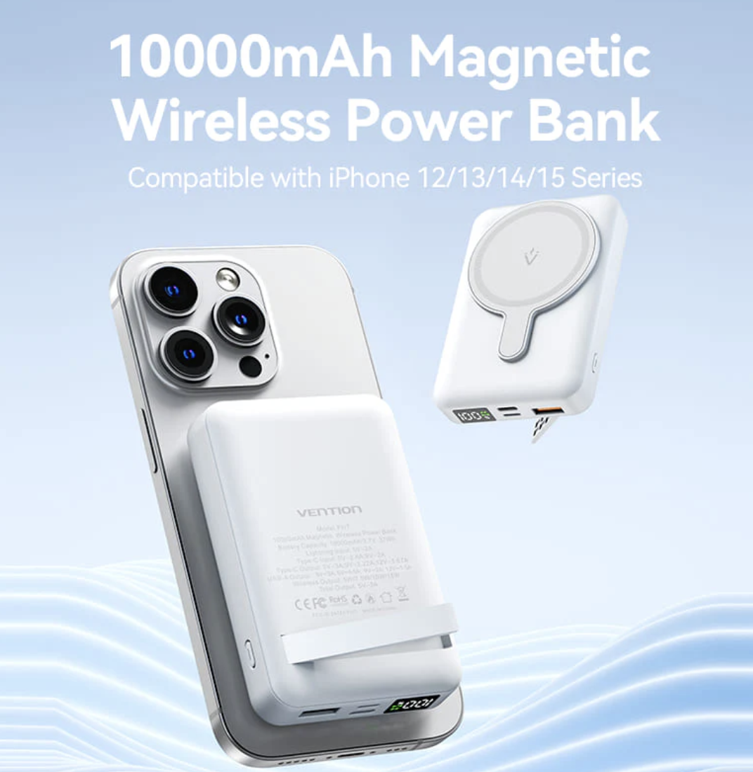 Power Bank Magnetic Vention 10000mAh (USB-C + Wireless) 20W — изображение 2