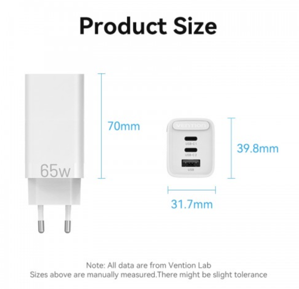 Сетевое зарядное устройство Vention 3 порта USB С+C+A GaN 65W — изображение 2
