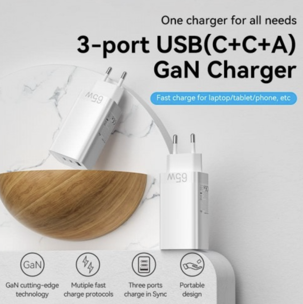 Сетевое зарядное устройство Vention 3 порта USB С+C+A GaN 65W — изображение 4