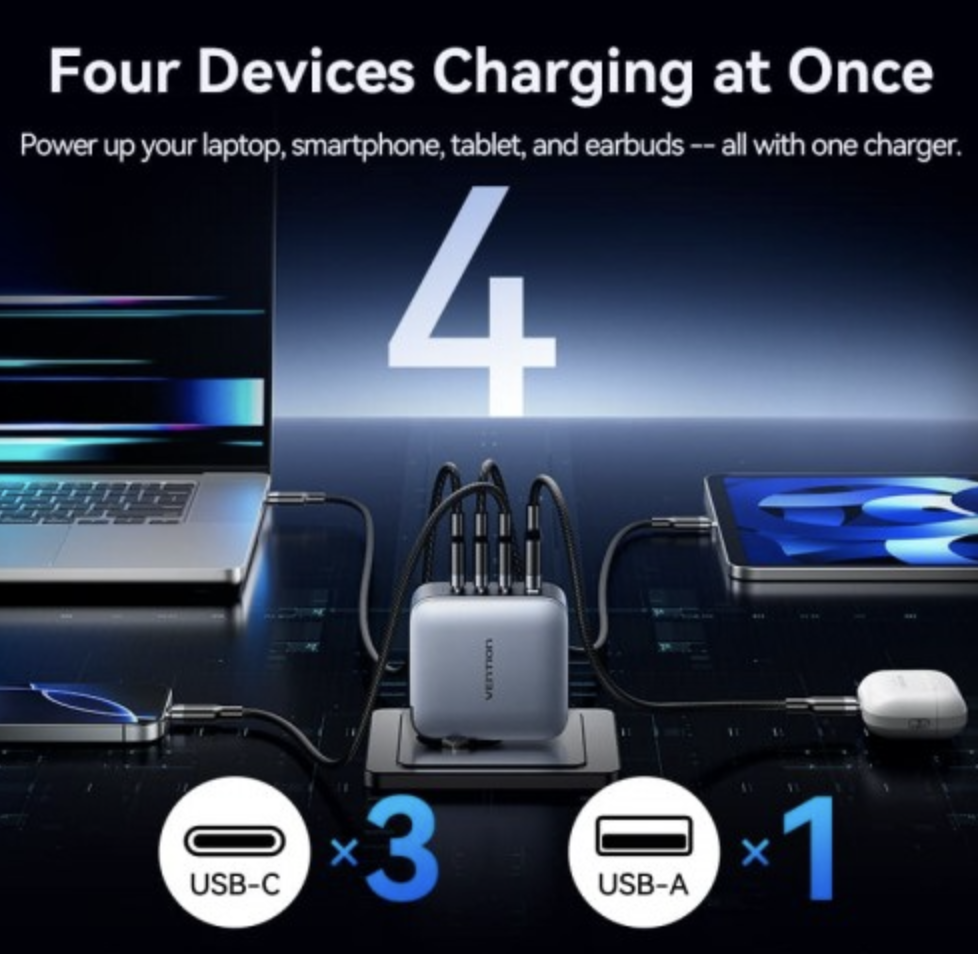 Сетевое зарядное устройство Vention 4 порта USB C+С+C+A GaN 100W — изображение 4